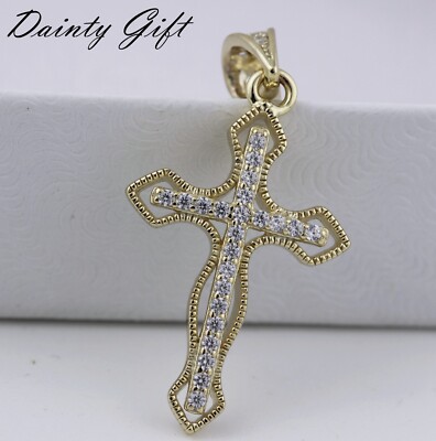 Women Girl 925 Sterling Silver 20 mm Cubic Zirconia Gold Cross Religion ...