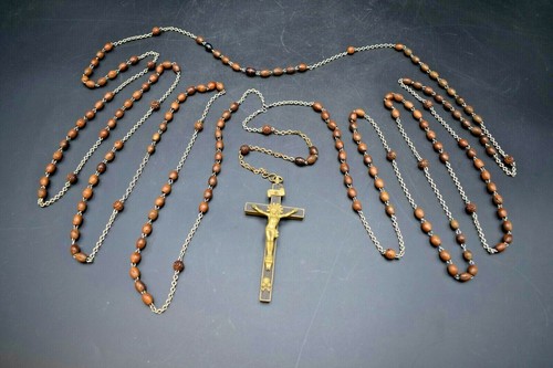 100 Year Old Nun's Habit Wood Carved Rosary Beads w/Ebony Wood, 91" long (CU457) - 第 1/12 張圖片