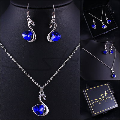 Schmuckset Kette Ohrhänger *blue Swan*, Silber, im Etui, Geschenk Valentinstag