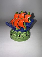 Vintage TALL SHIP Majolica Style Flower Frog 6 Holes BLUE RED GREEN