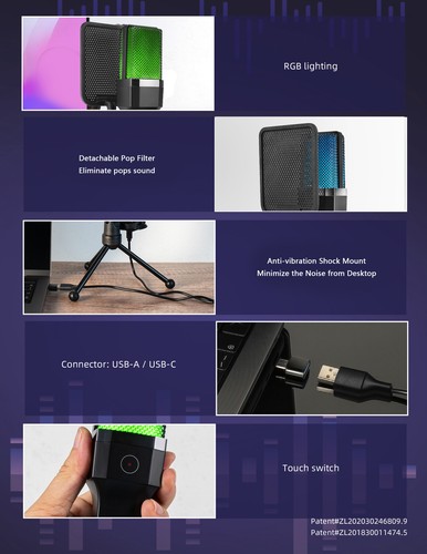 RGB Gaming Mic USB-A/C Condenser Microphone with Mute Button for Phone Pc Tablet - Afbeelding 19 van 24
