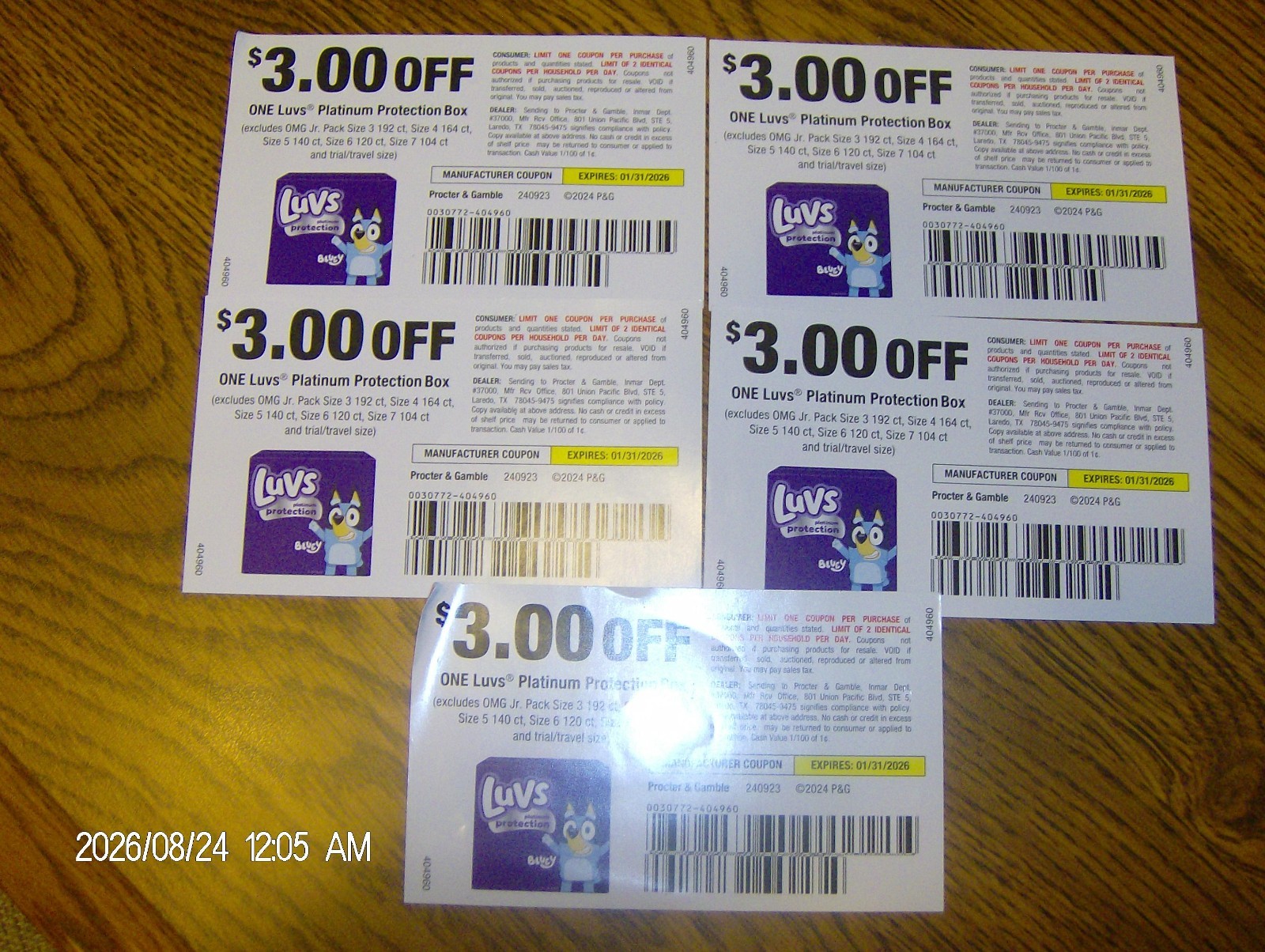 5 Coupons of $3.00 off LUVS Platinum Protection Box of Diapers Expires 1/31/26