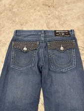 True Religion Mens 40 (Fits 38x32) Blue Denim Billy Super T Leather Flap Pockets