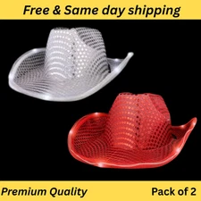2x LED Cowboy Hat Sequin - Flashing Cowgirl Light Up Hat 3 Modes Party Rave