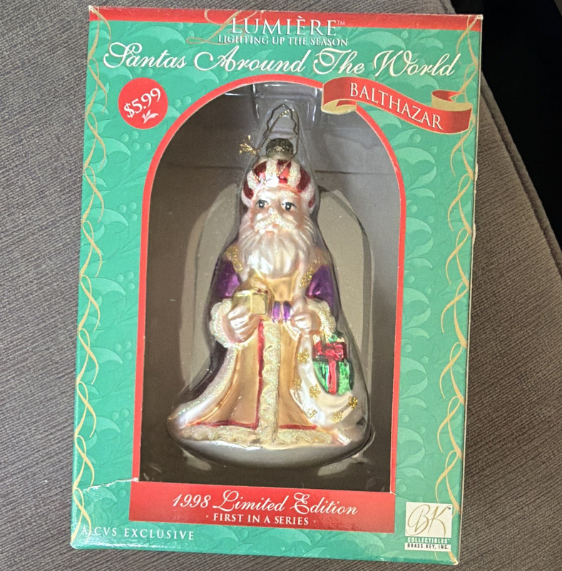 Lumiere Santas Around the World Balthazar 1998 Hanging Ornament, Glass LE