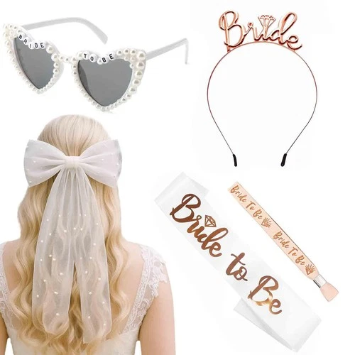 Hen Do Bride Accessories Set 5pc Sash Veil Tiara Sunglasses – White