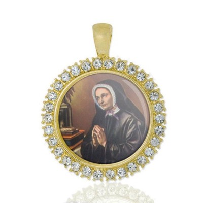 St Elizabeth Canori Mora Christian Round Medal Gold Tone Pendant  Rhinestones