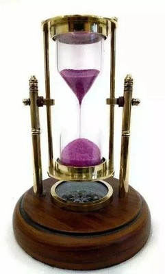 Hour Glass Gift Brass Antique Sand Timer With Compass On Wooden Base