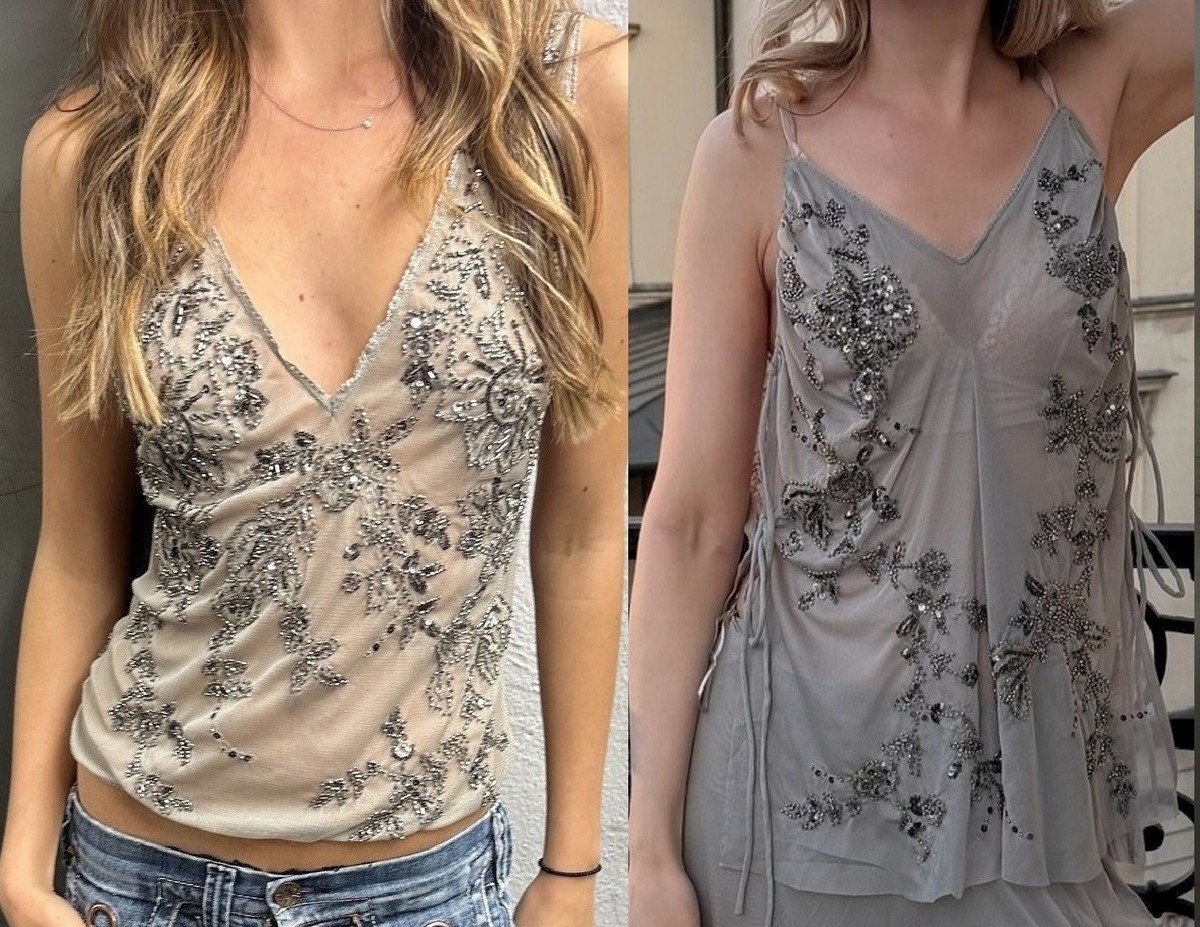 Zara Light Grey Tulle Sequin Beaded Embroidered V-neck Co Ord Vest