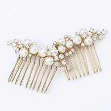 Gold Wedding Pearl Hair Comb Bride Crystal Hairpiece Bridal Rhinestone Hair C...