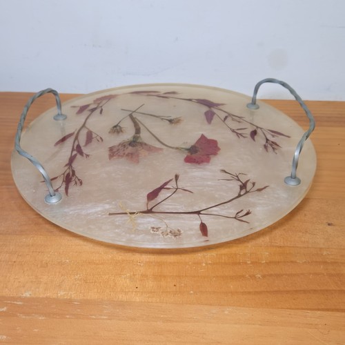 Vintage MCM Round Lucite Tray Pressed Dries Flowers Wrought Iron Handles - Picture 4 of 5