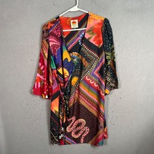 Farm Rio Diagonal Scarves Colorful Mini Wrap Dress Size Medium 3/4 Sleeve