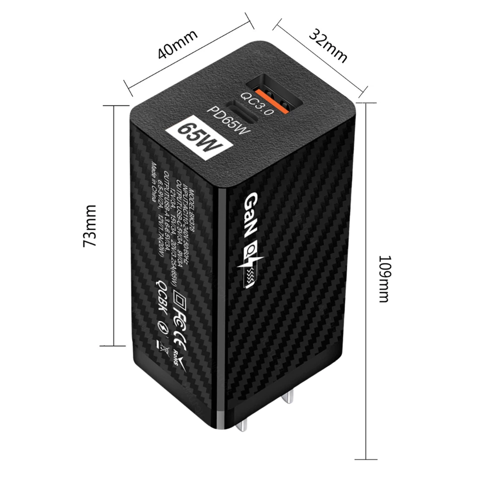 65W GaN USB-C Type C Fast Wall Charger PD+QC3.0 Power Adapter Charging Plug US - Image 2 of 4