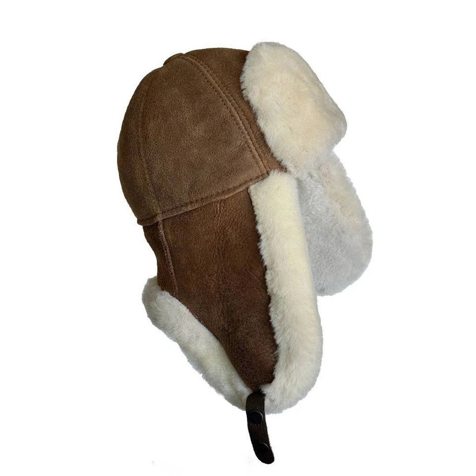 Winter Shearling Sheepskin Leather Trapper Hat  Russian Ushanka Aviator Cap - Image 3 of 4