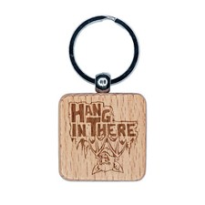Hang in There Bat Engraved Wood Square Keychain Tag Charm