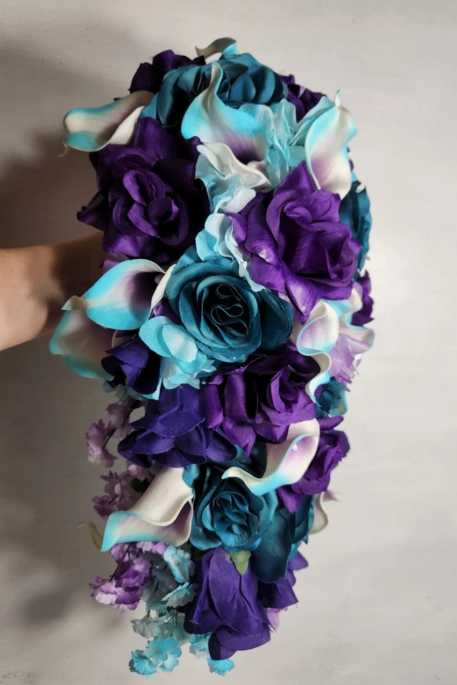 Ramo de boda nupcial rosa verde azulado cala lirio accesorios Foto 3 de 4