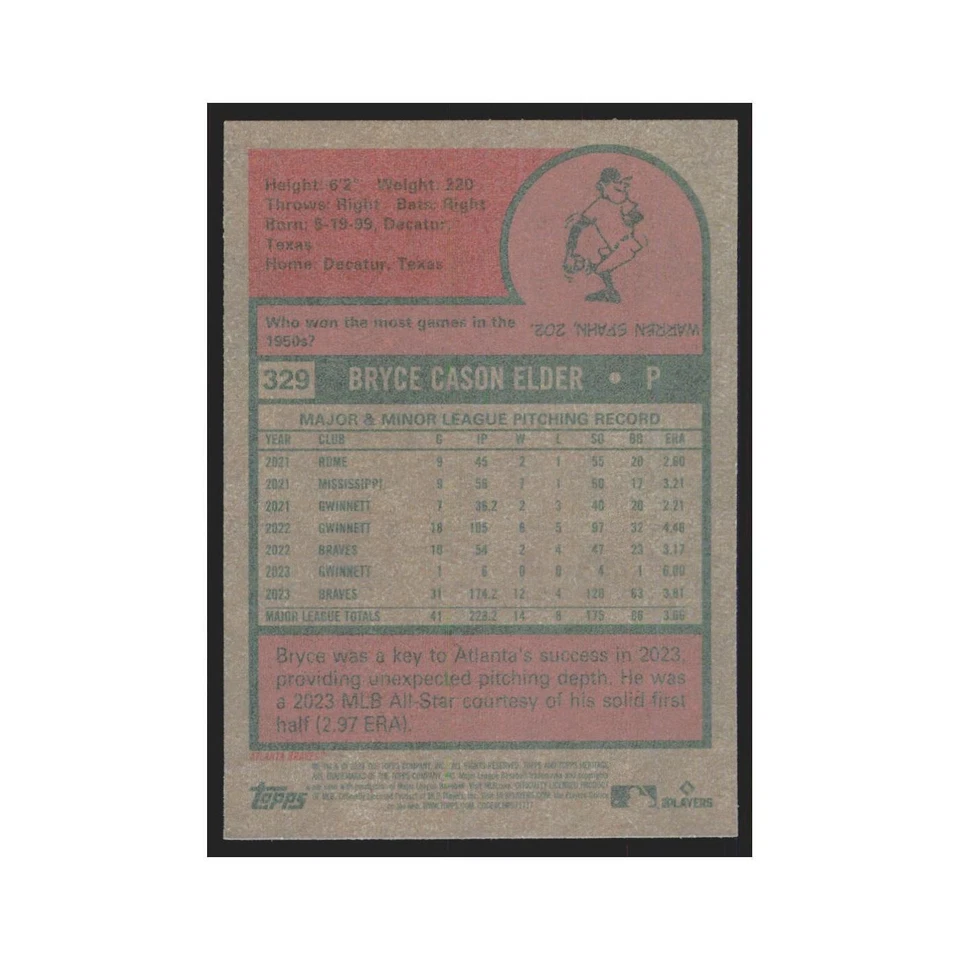 Bryce Elder 2024 Topps Heritage #329 Atlanta Braves Baseball Card NM - Image 2 of 3