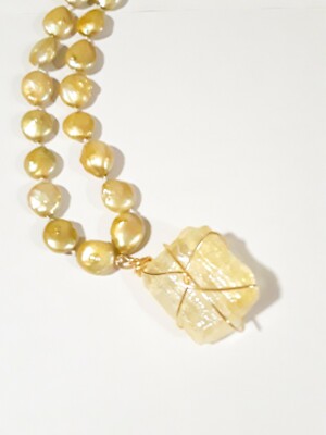 Artisan Made Hand Wrapped Wire Yellow Citrine Pendant Necklace with Coin Pearls
