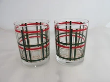 2 Georges Briard Rocks Glass Double Old Fashioned Red Green Gold Plaid Christmas