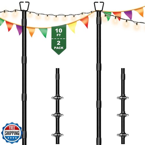 Tigerden 10Ft String Light Poles for Outside - 2 Pack Adjustable Metal Poles  - Picture 1 of 5
