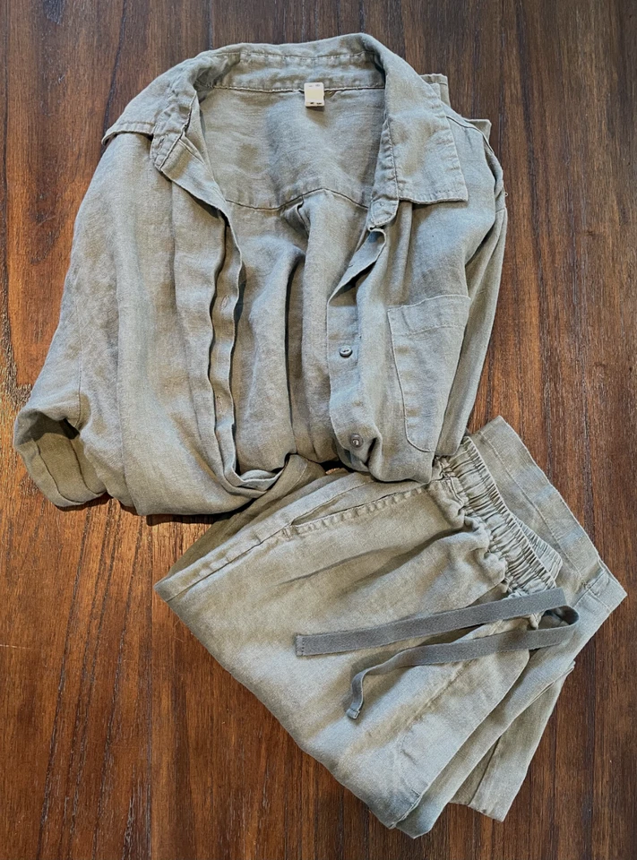 In Bed 100% Olive Green Linen Oversized Shirt and Pants Co-Ord Set 1 Small - Изображение 4 из 4