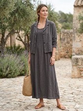 VTG Johnny Was Linen Rayon 2pc Dress Jacket Set Gray Lagenlook Minimalist Boho L