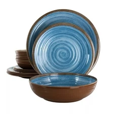 Elama Rippled Tides 12 Piece Lightweight Melamine Dinnerware Set in Blue