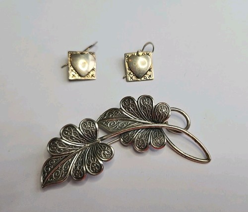 Vtg. Signed Beau Sterling Silver Double Leaf Brooch & Silver Earrings 425-35