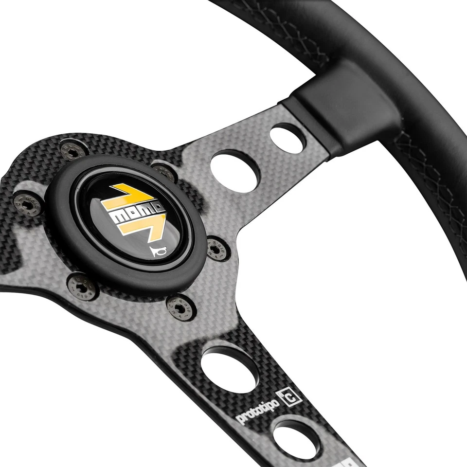 Volante Momo para Prototipo 6C 350 mm - Cuero Negro/Gris St/Cbn Radios Fbr Foto 2 de 4
