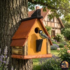 Image of Rainbow Burnt ~~ Cottage ~~ Nesting Box House Burnt Wood Handmade Wild Bird