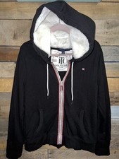Tommy Hilfiger Black Full Zip Hoodie Sherpa Fleece Faux Fur Hood Womens Sz Large