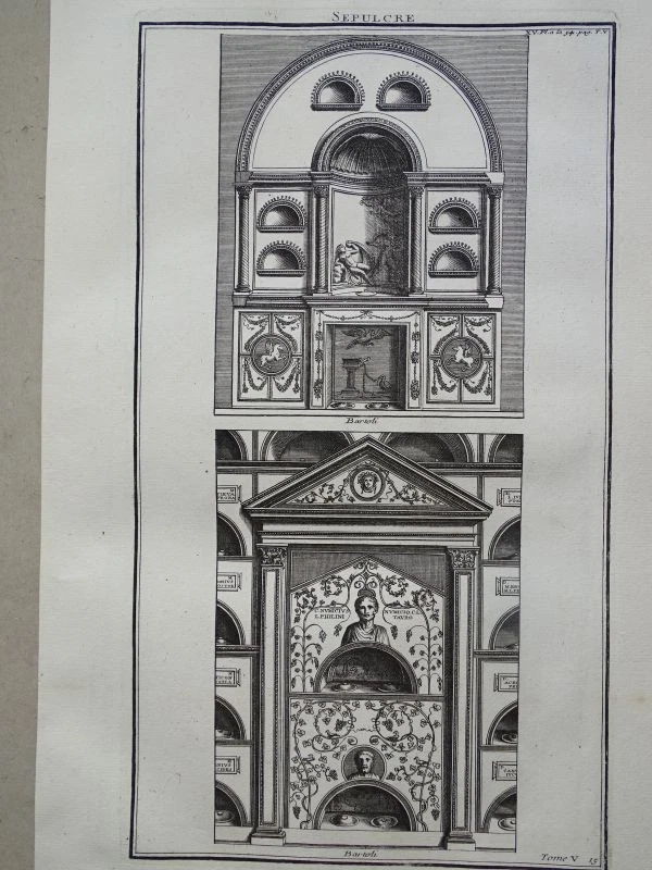 Sepulcre röm. Grabmal Kolumbarium Ornamente Baukunst Montfaucon Kupferstich 1722 - Bild 2 von 2