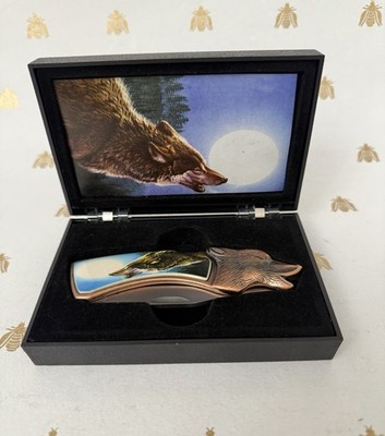 Collectible Folding Pocket Knife Gray Wolf Housing Case Stainless Steel