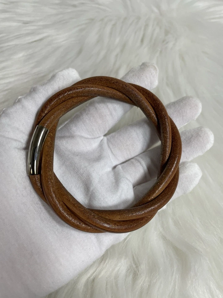 Pulsera Hermes Tornado Cuero Marrón Hebilla Plateada Auténtica Foto 3 de 4