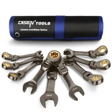 9 Pcs 90 Teeth Flex Head Stubby Ratcheting Wrench Set Metric 8-17 mm CRV Nick...