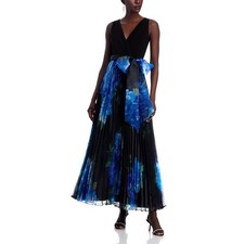 NEW Eliza J Women 16W Maxi Dress Black Blue Floral Pleated Organza Gown Formal