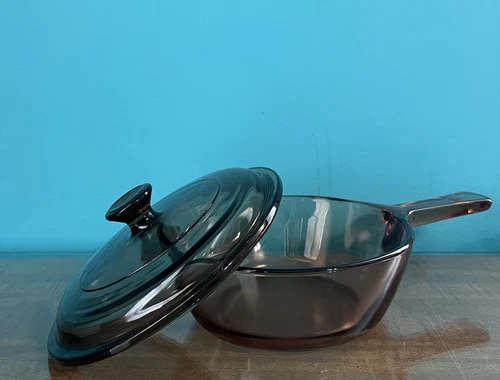 Vintage Vision Corning Ware  .5 L Amber Glass Sauce Pan Pot With Pyrex Lid A-48