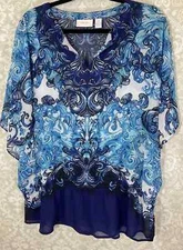 CHICO’S Women’s Blouse Tunic Large (Chico’s 2) Blues Scarf Boho Hippie Top