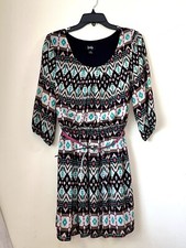 L Juniors Geometric Print Mini Dress Boho Aztec Elastic Waist 3/4 Peasant sleeve
