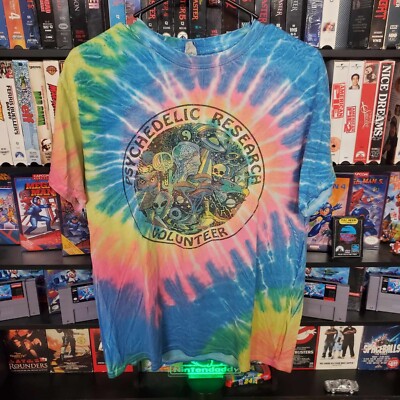 Psychedelic Research Volunteer Mushroom Trippy Tie Dye Shirt Size Medium M Worn