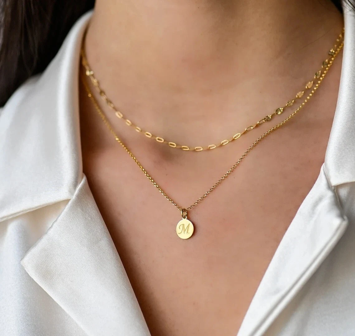 Dainty Double Chain Layered Initial Necklace Set in 14K Yellow