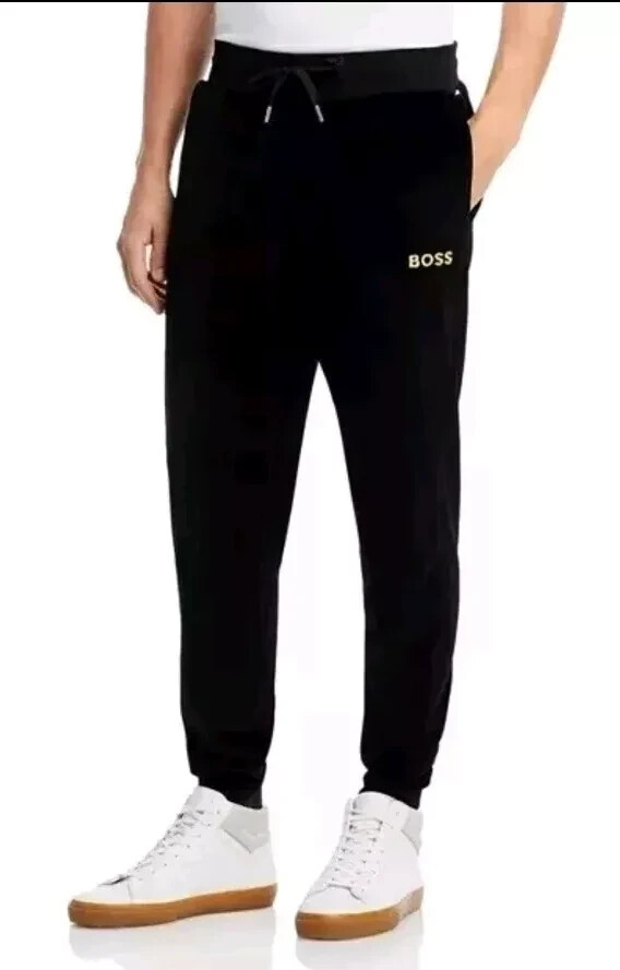 Hugo Boss Black Label Men's Velour Jogger Pants Black S Embroidered Drawstring
