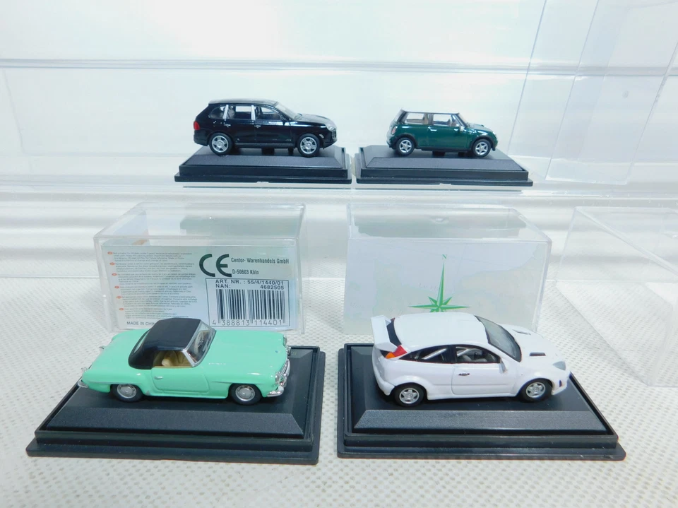 4x Hongwell 1:72 Auto : Ford Focus + Porsche + MB+ Mini Cooper,Mint + Box - Immagine 2 di 4
