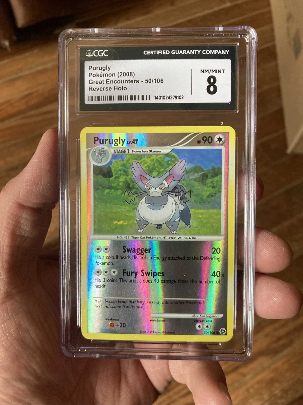 Pokemon Card - Purugly Great Encounters 50/106 Reverse Holo Graded CGC 8 NM