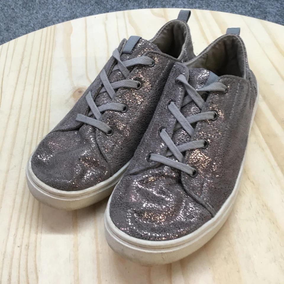Toms Shoes Youth 3 Casual Sneakers Gray Leather Round Toe Lace Up Low Metallic - Image 3 of 4