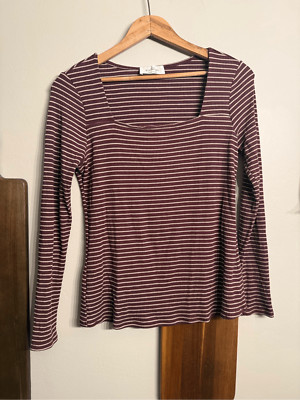 Kaileigh Womens Navy Blue White Striped Ribbed Knit Square Neck Blouse Small