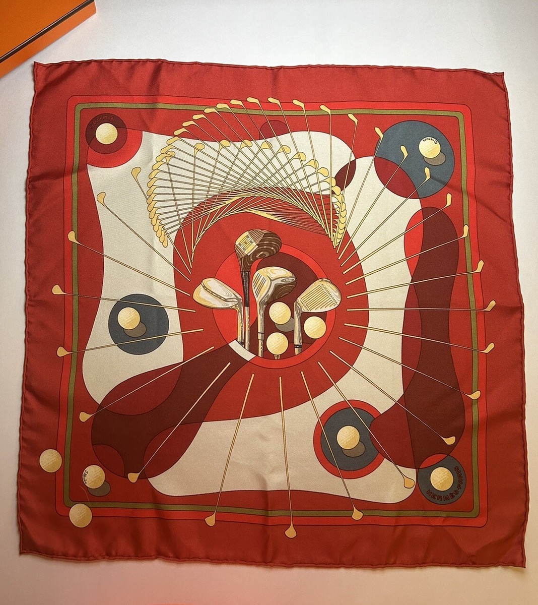 Hermes Scarf Carre 90 Blue Wine Red Gold Swing Silk 100 Golf