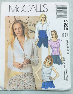 McCall's Sewing Pattern Zip up Blouse Top Women's  Size 4-10 #3925  New Uncut