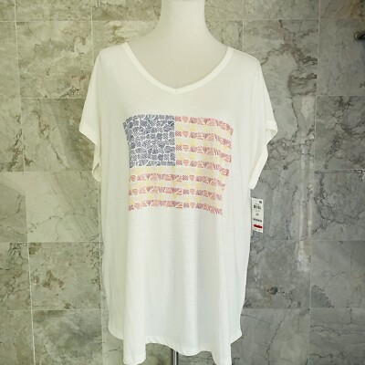 NWT Style & Co White Line Flag Cap Sleeve Tee Shirt 2X