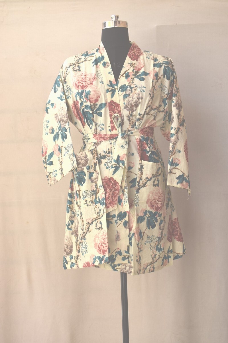 short cotton kimono dressing gown Indian White Floral 100%Cotton Robe Short Kimono Sleepwear Night Suit  Kimonos US